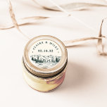 Hunter Green Mountain Sketch Personalised Wedding Classic Round Sticker<br><div class="desc">Rustic chic stickers for your outdoor,  woods or adventurous wedding feature a hand sketched illustration of mountain peaks,  pine trees and a flowing river,  with your names and wedding date in block lettering.</div>