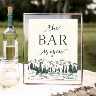 Hunter Green Mountain Sketch Wedding Bar Sign