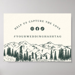 Hunter Green Mountain Sketch Wedding Hashtag Sign