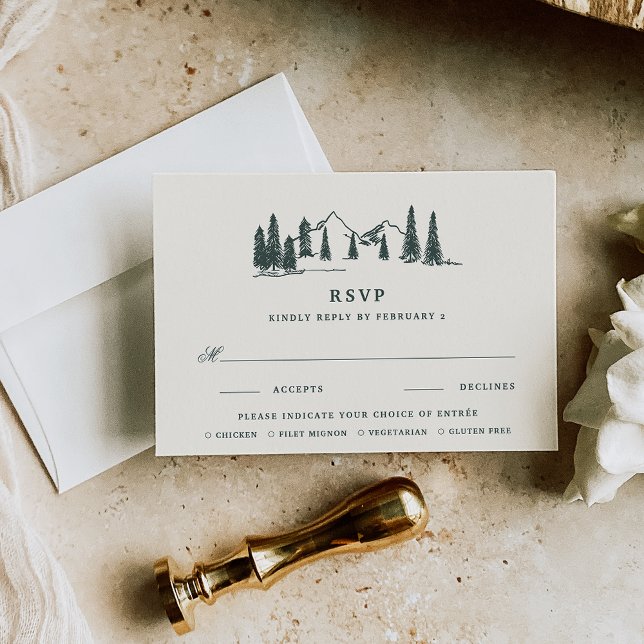 Hunter Green | Mountain Sketch Wedding Meal Choice RSVP Card (Creator Uploaded)