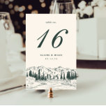 Hunter Green | Mountain Sketch Wedding Table Number<br><div class="desc">Rustic woodland chic table number cards feature a sketched illustration of mountain peaks,  pine trees and a flowing river,  beneath your table number,  event date and additional custom text. Design repeats on reverse side. Coordinates with our wintry Mountain Sketch wedding invitation suite.</div>