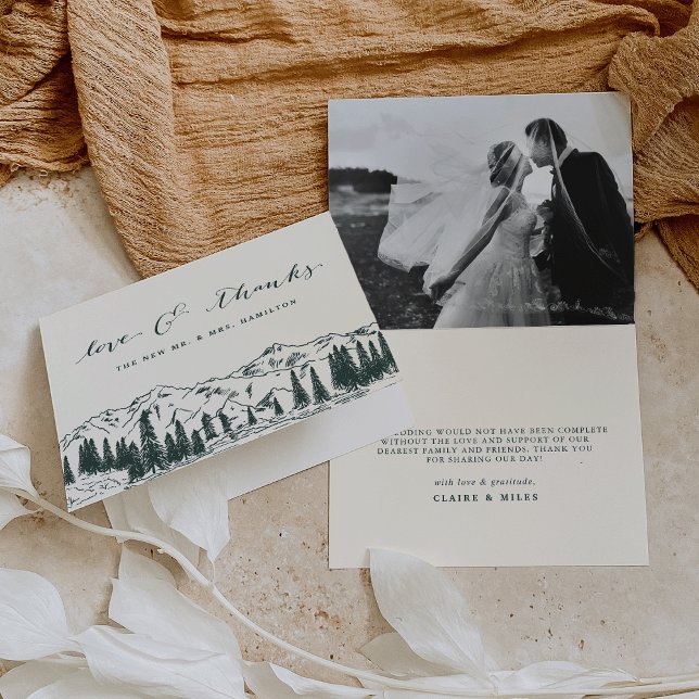 Hunter Green | Mountain Sketch Wedding Thank You Card (Creator Uploaded)