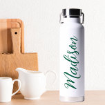 Hunter Green Name Handwritten Script Custom Water Bottle<br><div class="desc">A bold hunter green personalised monogram water bottle for a girl or guy who loves simple,  handwritten gifts. Beautiful cursive script down the side of your bottle spelling out your name.</div>