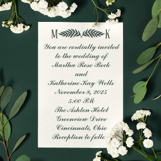 Hunter Green on Cream Initials Wedding Invitation