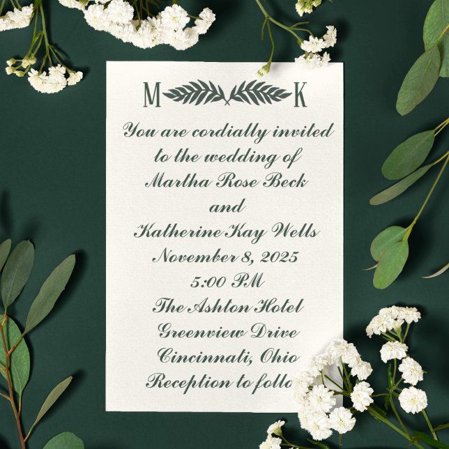 Hunter Green on Cream Initials Wedding Invitation (Creator Uploaded)
