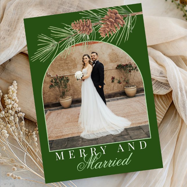 Hunter Green Pine Merry & Married Photo Christmas Holiday Card (Creator Uploaded)