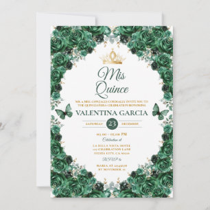 Hunter Green Quinceañera 15 Anos Floral Gold Crown Invitation