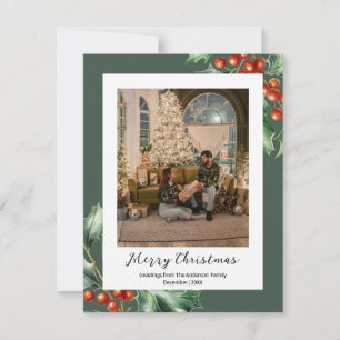 Hunter green retro holly holiday card