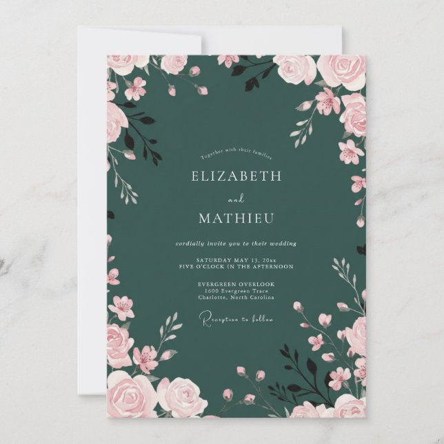 Hunter Green Romantic Floral Wedding Invitation (Front)