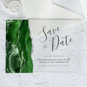 Hunter Green Silver Agate Save the Date Card Acrylic Invitations