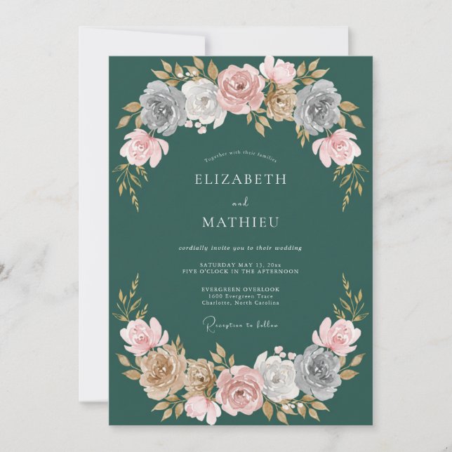Hunter Green Stately Rose Wedding Invitation (Front)