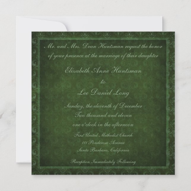 Hunter Green Vintage Damask Wedding Invitations (Front)