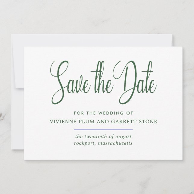 Hunter Green & White Calligraphy Save the Date (Front)