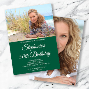 Hunter Green White Elegant Script 50th Birthday Invitation