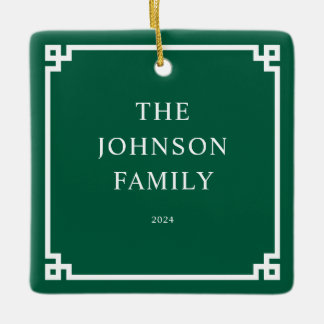 Hunter Green White Greek Key Border Family Photo Ceramic Ornament