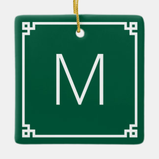 Hunter Green White Greek Key Border Monogram Photo Ceramic Ornament