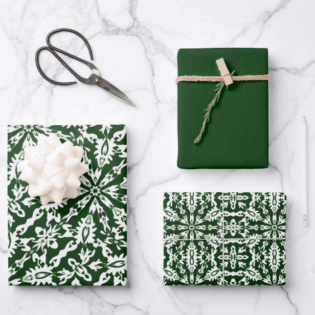 Hunter Green & White Pattern Wrapping Paper Sheet (Front)