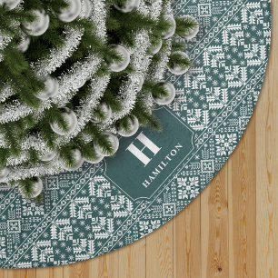 Hunter Green & White Sweater Pattern Monogram Brushed Polyester Tree Skirt