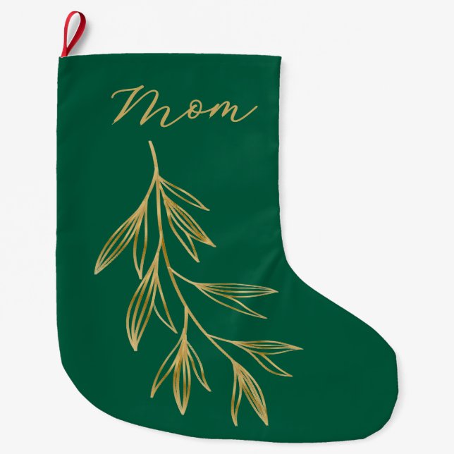 Hunter Green with Gold Graphic Leaf named Large Christmas Stocking (Front)