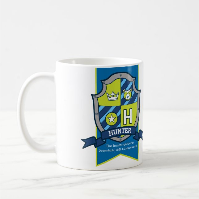 Hunter letter H heraldry green blue name meaning Coffee Mug (Left)