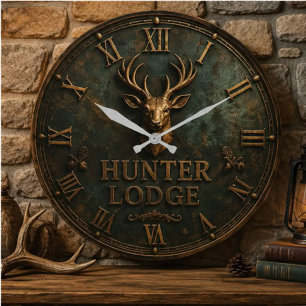 Hunter Lodge Rustic Deer Vintage Hunting Cabin Large Clock