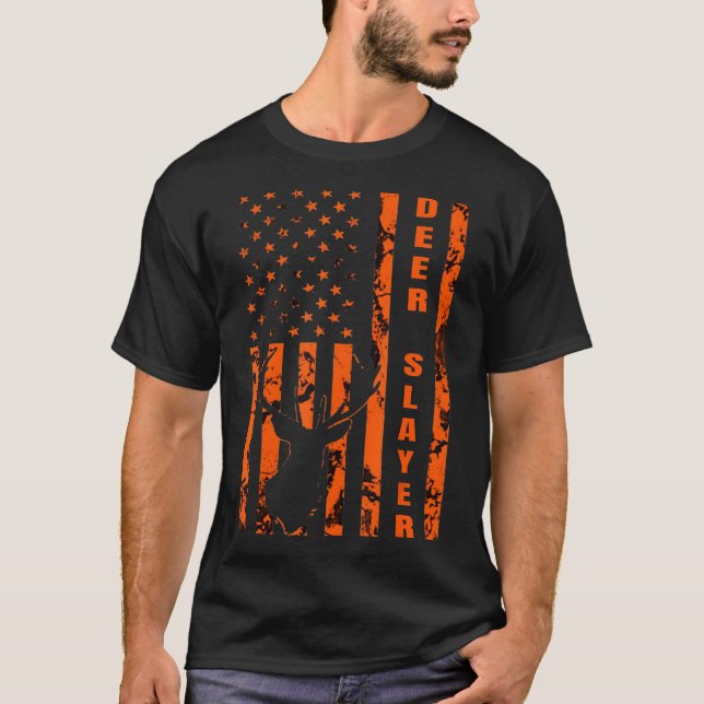 Hunter Orange Camo American Flag Deer Slayer Hunti T-Shirt (Front)