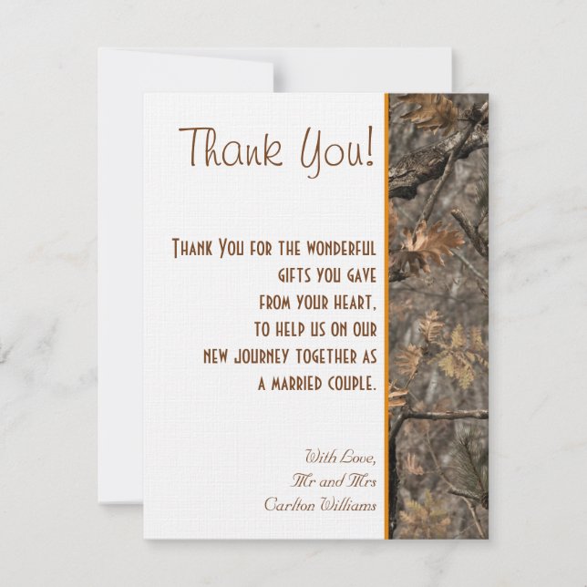 Hunter's Camo Chic Wedding Thank You Card (Front)