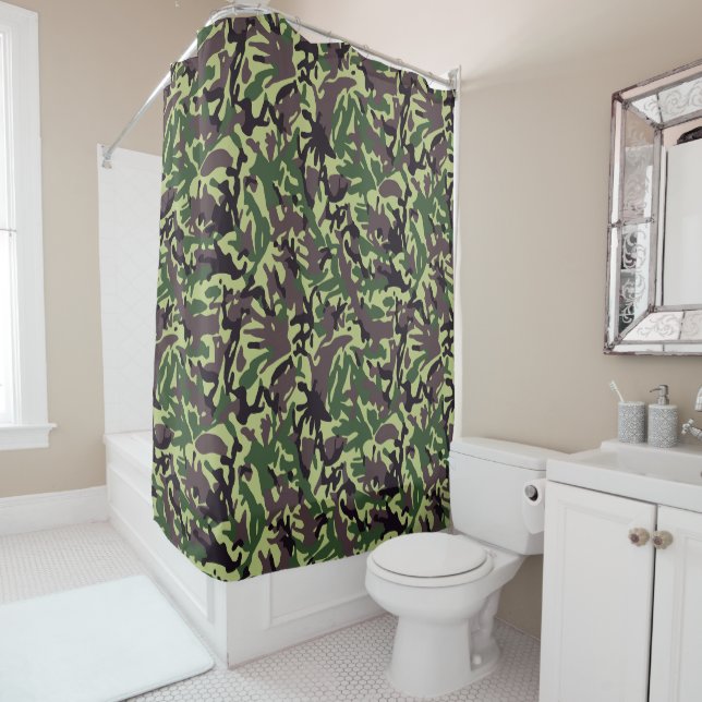 Hunters Green Camo Pattern Shower Curtain (In Situ)