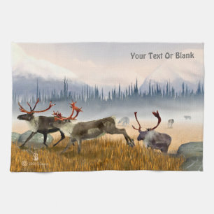 Hunters In The Mist (Caribou) Tea Towel