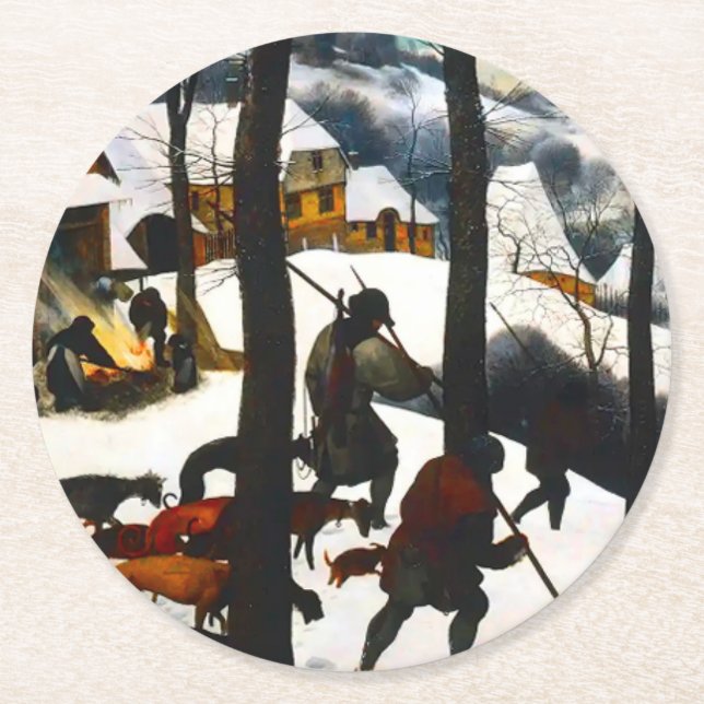 Hunters in the Snow Landscape Pieter Bruegel Round Paper Coaster (Front)