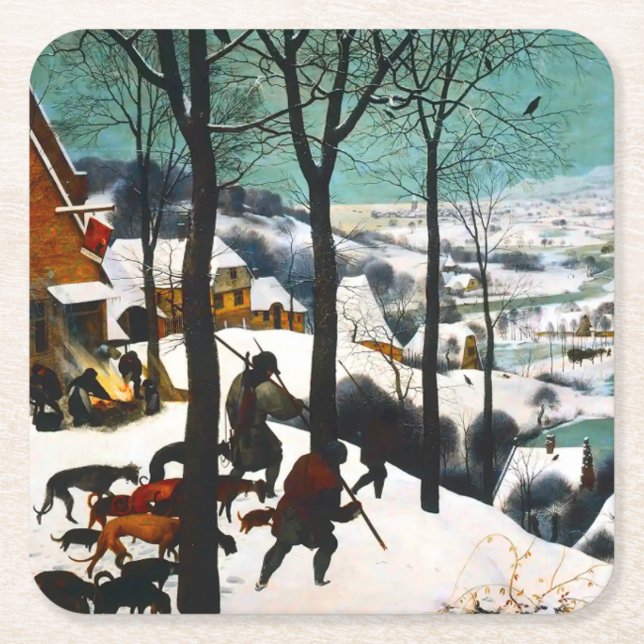 Hunters in the Snow Landscape Pieter Bruegel Square Paper Coaster (Front)