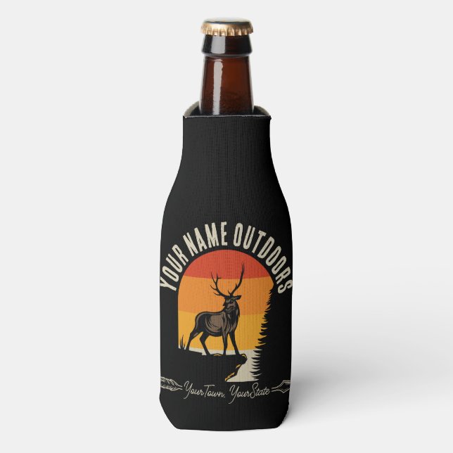 Hunting ADD NAME Outdoors Deer Elk Wilderness Camp Bottle Cooler (Bottle Front)
