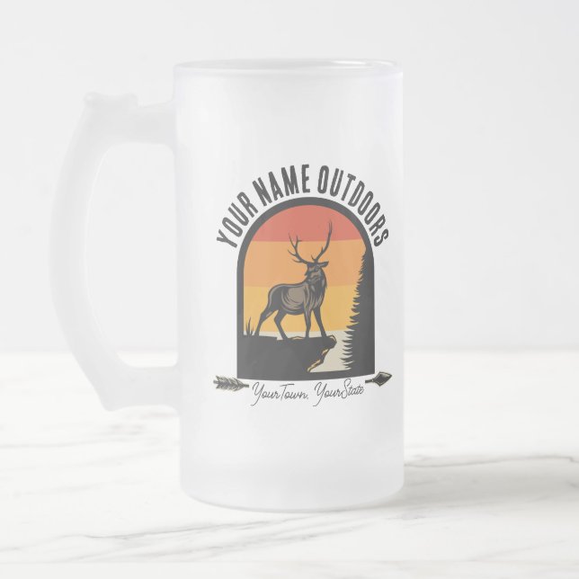 Hunting ADD NAME Outdoors Deer Elk Wilderness Camp Frosted Glass Beer Mug (Left)
