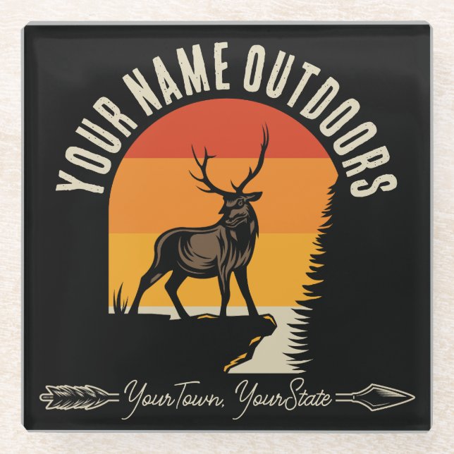 Hunting ADD NAME Outdoors Deer Elk Wilderness Camp Glass Coaster (Front)