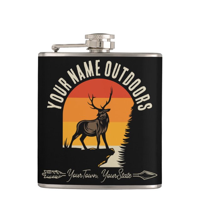 Hunting ADD NAME Outdoors Deer Elk Wilderness Camp Hip Flask (Front)