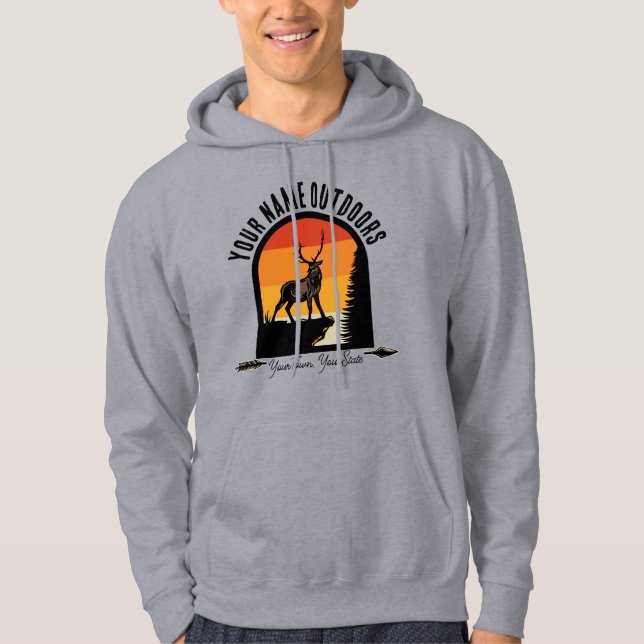 Hunting ADD NAME Outdoors Deer Elk Wilderness Camp Hoodie (Front)