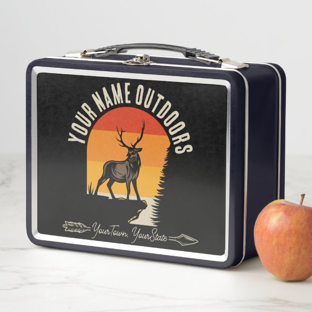 Hunting ADD NAME Outdoors Deer Elk Wilderness Camp Metal Lunch Box (In Situ)