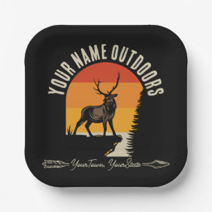 Hunting ADD NAME Outdoors Deer Elk Wilderness Camp Paper Plate