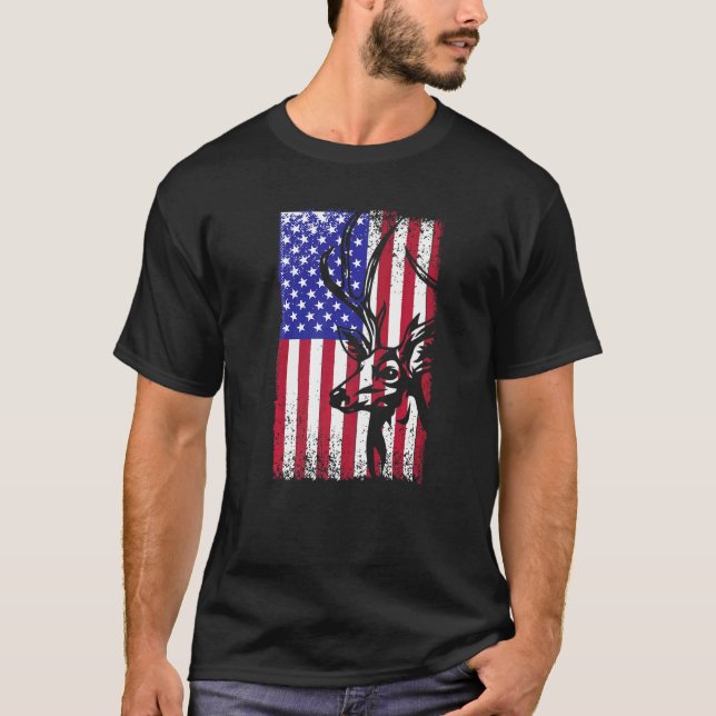 Hunting  American Us Flag Patriotic Deer Hunter T-Shirt (Front)