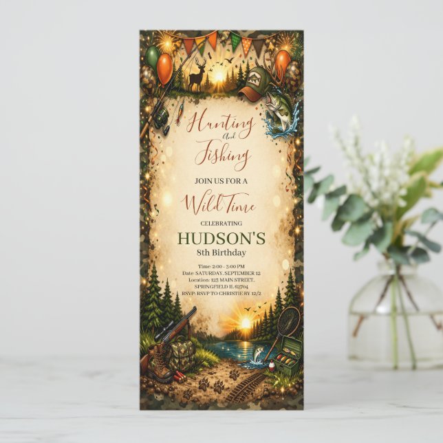 Hunting and Fishing Camo Boy birthday Invitation (Standing Front)