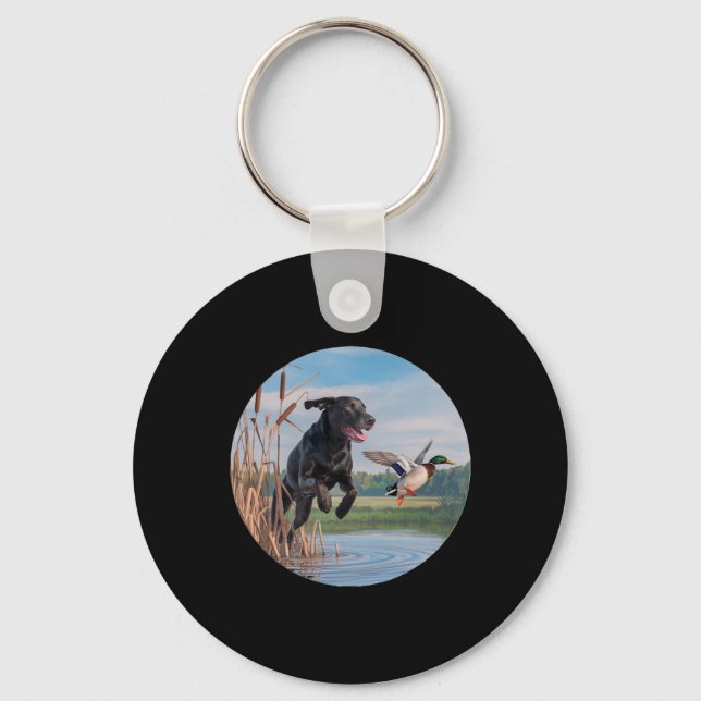 Hunting Black Labrador Lab Dog Hunting Ducks. Bird Key Ring (Front)