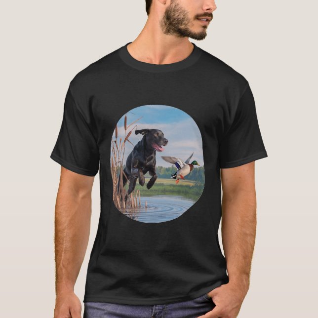 Hunting Black Labrador Lab Dog Hunting Ducks. Bird T-Shirt (Front)