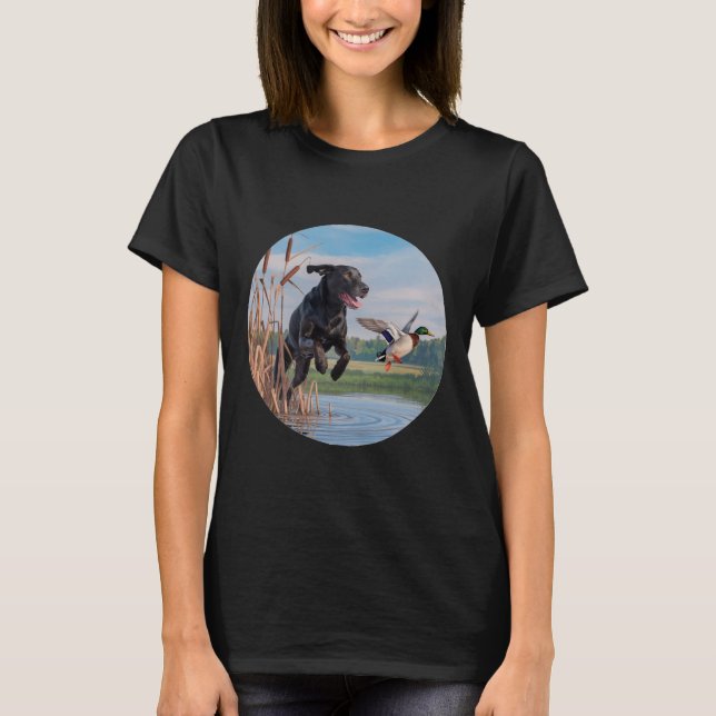 Hunting Black Labrador Lab Dog Hunting Ducks. Bird T-Shirt (Front)