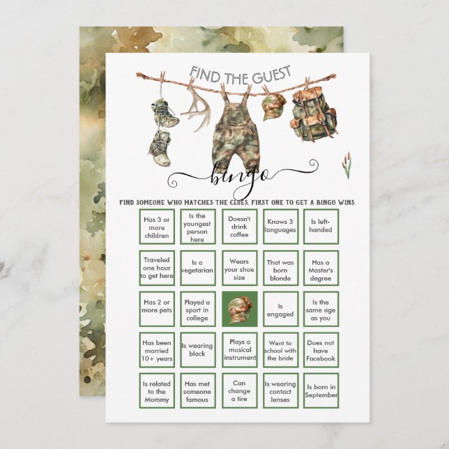 Hunting Camo little hunter Find the Guest BINGO  Invitation (Front/Back)