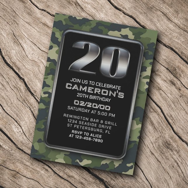 Hunting Camo Military 20th Birthday Invitation (Creator Uploaded)