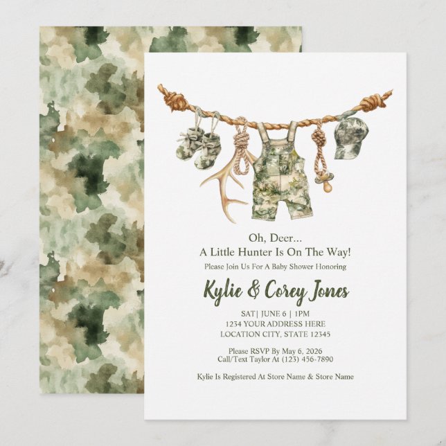 Hunting Clothesline Camo Boy Baby Shower Invitation (Front/Back)