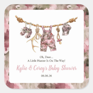 Hunting Clothesline Pink Camo Girl Baby Shower Square Sticker