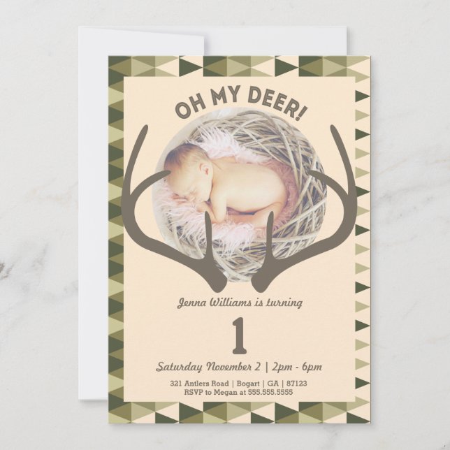 Hunting Creamy Camo Girl's Antlers Birthday Invitation (Front)