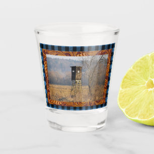 Hunting Deer Stand 2 Woods Leather Blue Plaid Trim Shot Glass