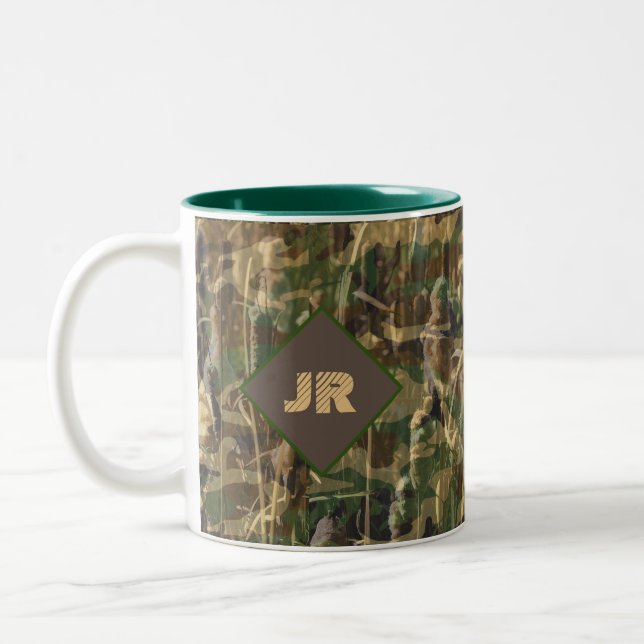 Hunting Fishing and Camping Camouflage Print Two-Tone Coffee Mug (Left)